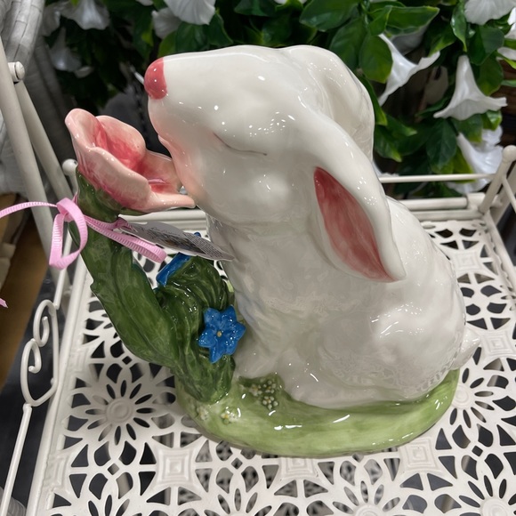 Blue Sky Clayworks Easter Bunny Smelling Pink & Blue Flower Ceramic NWT - Picture 2 of 8